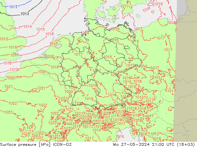 Pressione al suolo ICON-D2 lun 27.05.2024 21 UTC