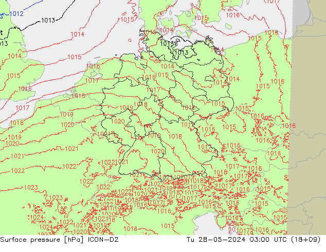 Atmosférický tlak ICON-D2 Út 28.05.2024 03 UTC