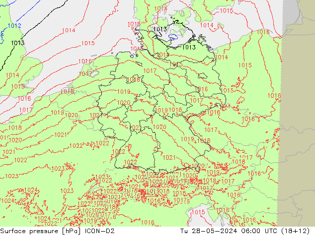 Atmosférický tlak ICON-D2 Út 28.05.2024 06 UTC