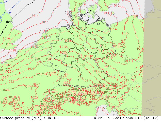 Presión superficial ICON-D2 mar 28.05.2024 06 UTC