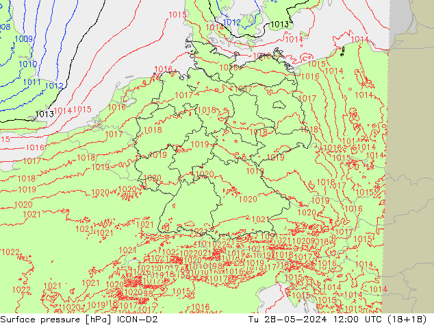 Pressione al suolo ICON-D2 mar 28.05.2024 12 UTC