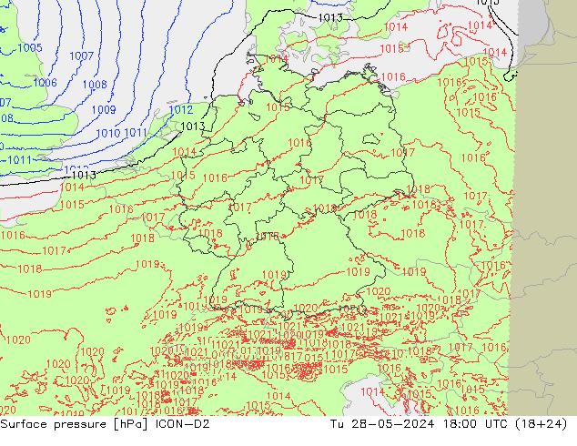 Atmosférický tlak ICON-D2 Út 28.05.2024 18 UTC