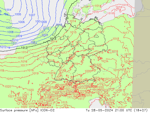 Surface pressure ICON-D2 Tu 28.05.2024 21 UTC