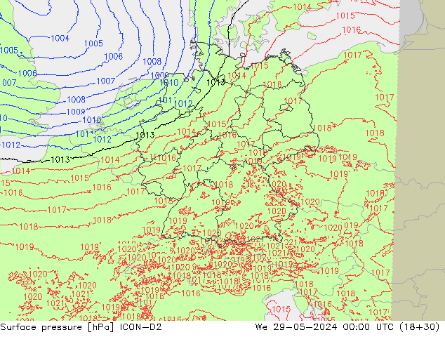 Surface pressure ICON-D2 We 29.05.2024 00 UTC