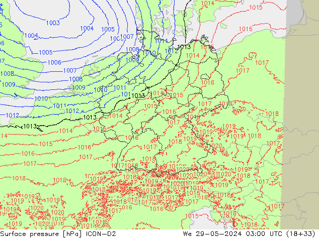 Surface pressure ICON-D2 We 29.05.2024 03 UTC