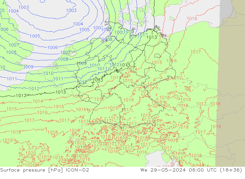 Surface pressure ICON-D2 We 29.05.2024 06 UTC