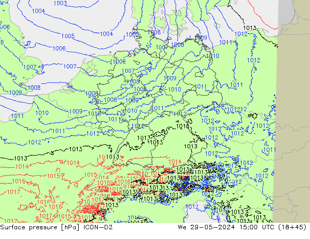 Pressione al suolo ICON-D2 mer 29.05.2024 15 UTC