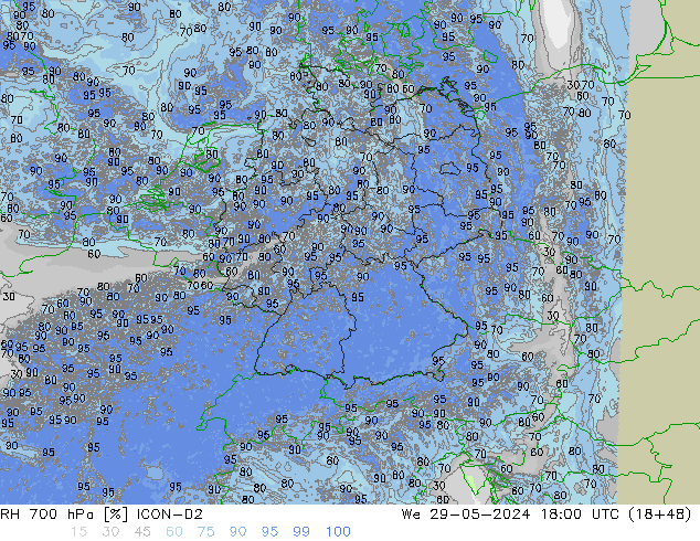 Humedad rel. 700hPa ICON-D2 mié 29.05.2024 18 UTC