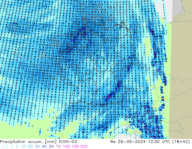 Précipitation accum. ICON-D2 mer 29.05.2024 12 UTC