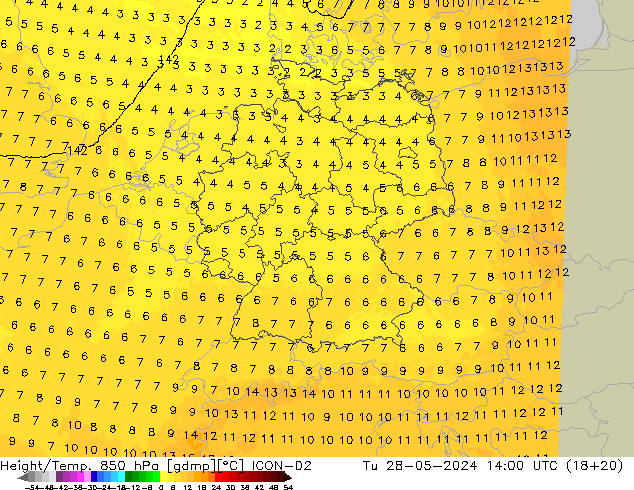 Height/Temp. 850 hPa ICON-D2 Tu 28.05.2024 14 UTC