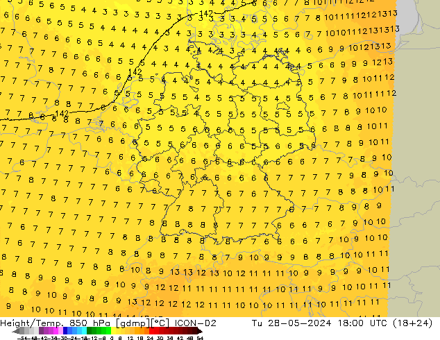 Height/Temp. 850 hPa ICON-D2 wto. 28.05.2024 18 UTC