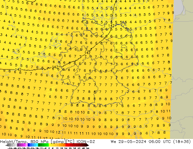 Height/Temp. 850 hPa ICON-D2 Qua 29.05.2024 06 UTC