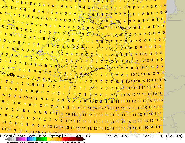 Height/Temp. 850 hPa ICON-D2 We 29.05.2024 18 UTC