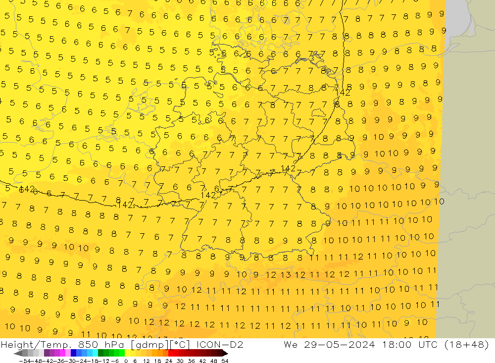 Height/Temp. 850 hPa ICON-D2 Qua 29.05.2024 18 UTC