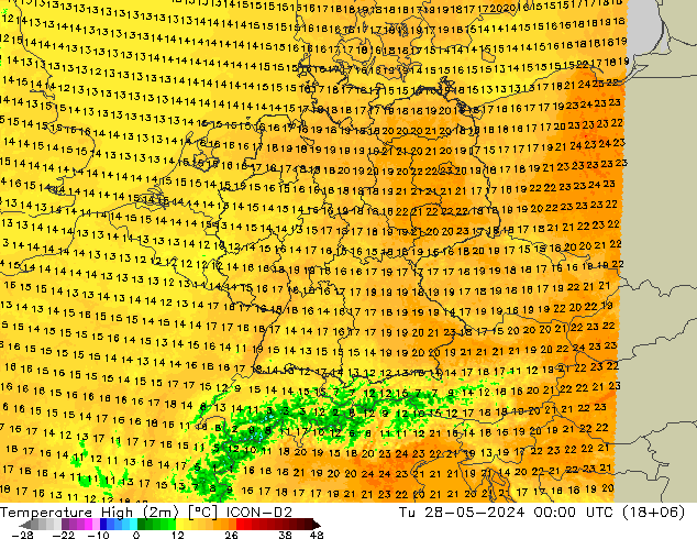 Max. Temperatura (2m) ICON-D2 wto. 28.05.2024 00 UTC