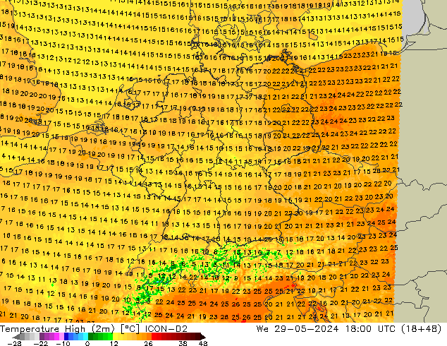 Max.temperatuur (2m) ICON-D2 wo 29.05.2024 18 UTC