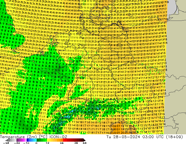 Temperatura (2m) ICON-D2 Ter 28.05.2024 03 UTC