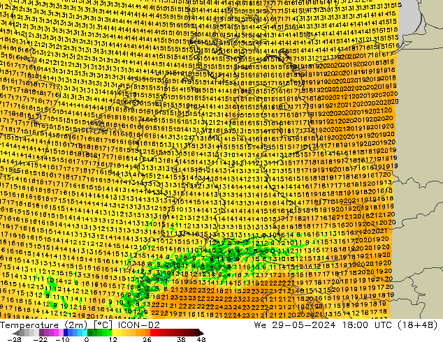 карта температуры ICON-D2 ср 29.05.2024 18 UTC