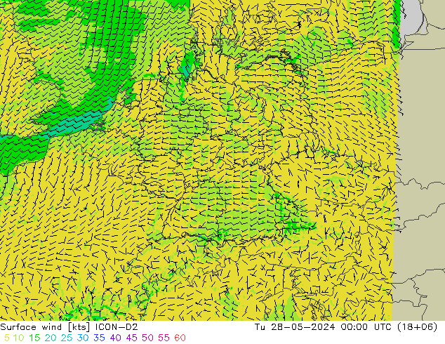 Surface wind ICON-D2 Tu 28.05.2024 00 UTC