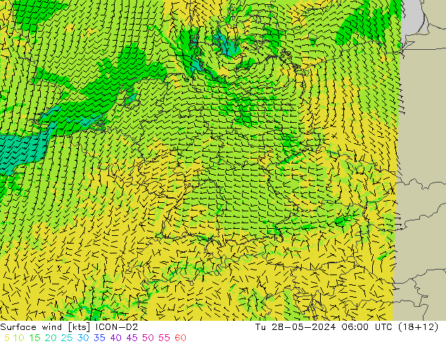 Surface wind ICON-D2 Tu 28.05.2024 06 UTC