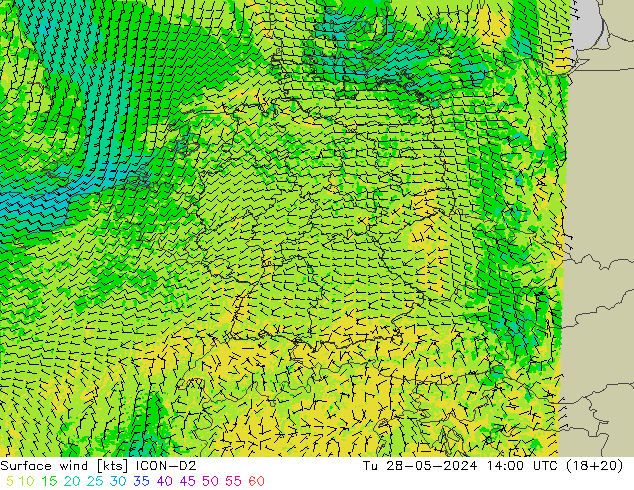Bodenwind ICON-D2 Di 28.05.2024 14 UTC