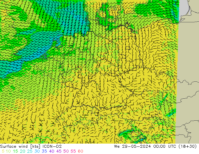 Surface wind ICON-D2 We 29.05.2024 00 UTC