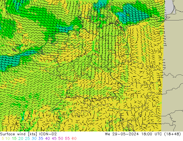 Surface wind ICON-D2 St 29.05.2024 18 UTC