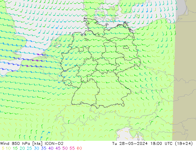 Vento 850 hPa ICON-D2 mar 28.05.2024 18 UTC