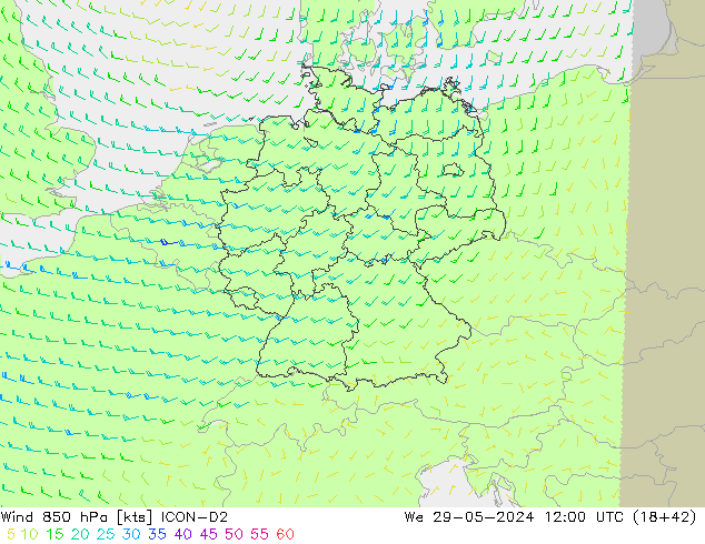 Wind 850 hPa ICON-D2 We 29.05.2024 12 UTC