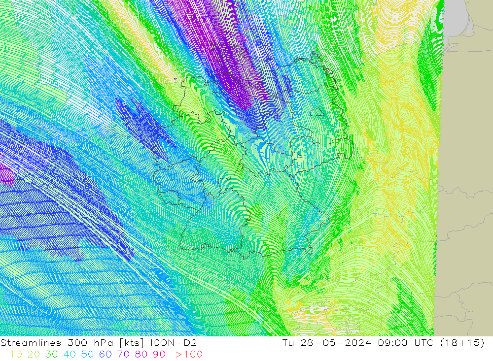 Rüzgar 300 hPa ICON-D2 Sa 28.05.2024 09 UTC
