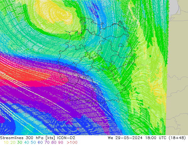 Streamlines 300 hPa ICON-D2 We 29.05.2024 18 UTC