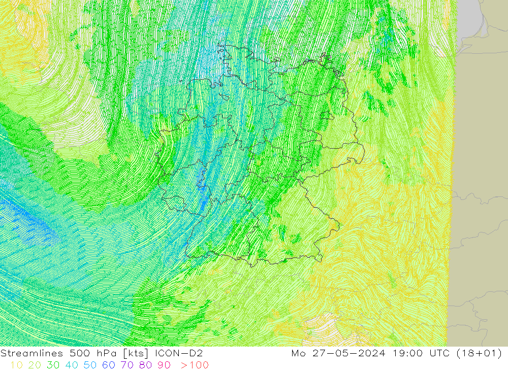 Streamlines 500 hPa ICON-D2 Mo 27.05.2024 19 UTC