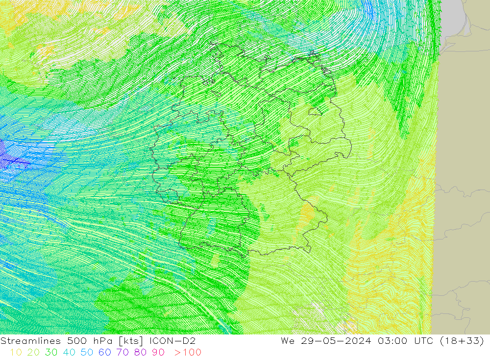 ветер 500 гПа ICON-D2 ср 29.05.2024 03 UTC