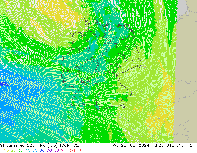 Streamlines 500 hPa ICON-D2 We 29.05.2024 18 UTC