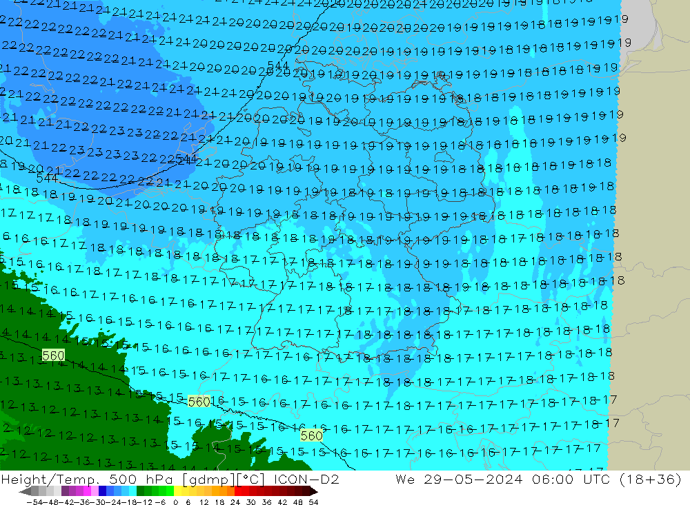 Height/Temp. 500 гПа ICON-D2 ср 29.05.2024 06 UTC