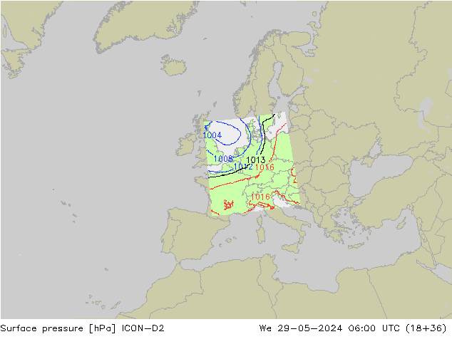 Pressione al suolo ICON-D2 mer 29.05.2024 06 UTC