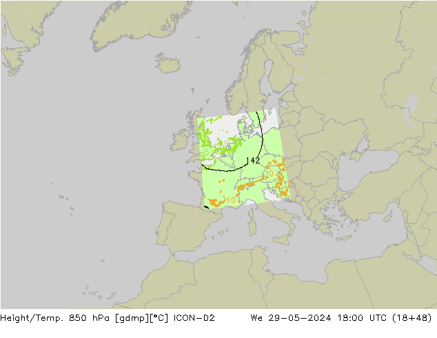 Height/Temp. 850 hPa ICON-D2 Mi 29.05.2024 18 UTC
