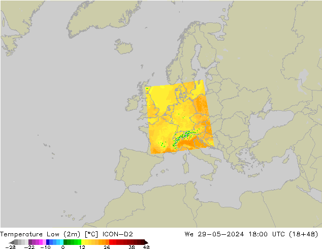 Tiefstwerte (2m) ICON-D2 Mi 29.05.2024 18 UTC