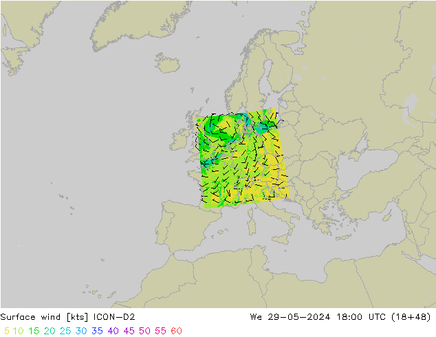 Wind 10 m ICON-D2 wo 29.05.2024 18 UTC