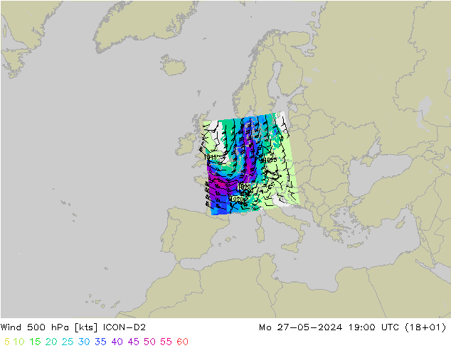 Viento 500 hPa ICON-D2 lun 27.05.2024 19 UTC