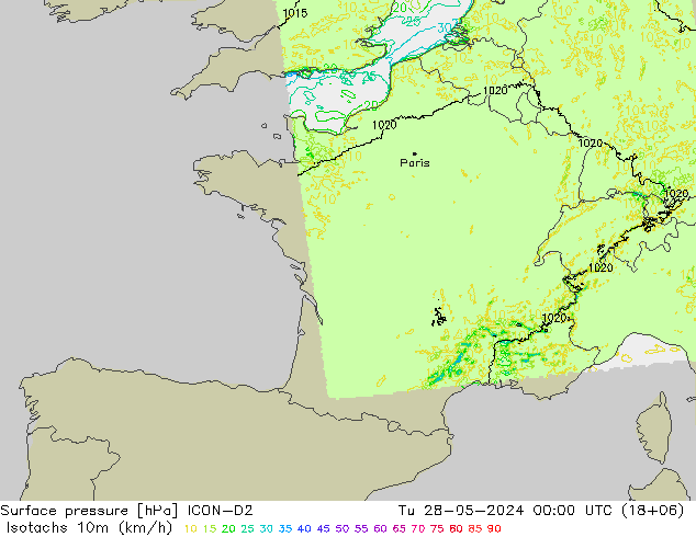 Isotachs (kph) ICON-D2 вт 28.05.2024 00 UTC