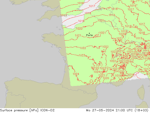 Atmosférický tlak ICON-D2 Po 27.05.2024 21 UTC