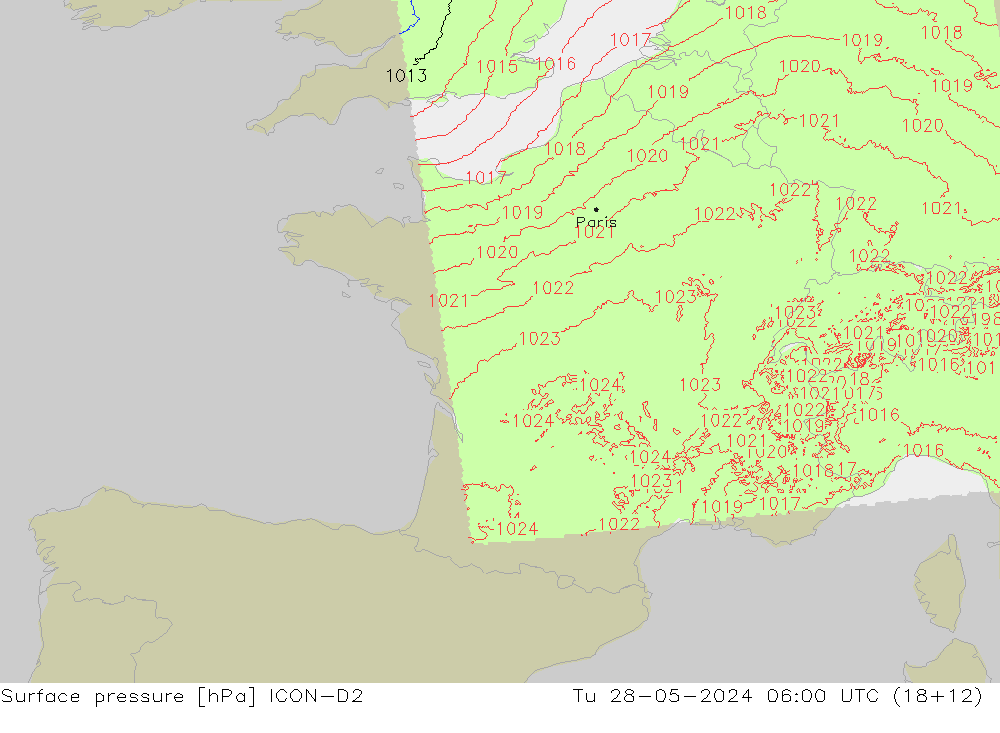 Surface pressure ICON-D2 Tu 28.05.2024 06 UTC