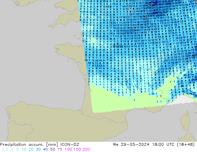 Precipitation accum. ICON-D2 mer 29.05.2024 18 UTC