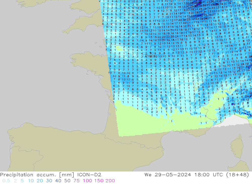 Precipitation accum. ICON-D2 Qua 29.05.2024 18 UTC