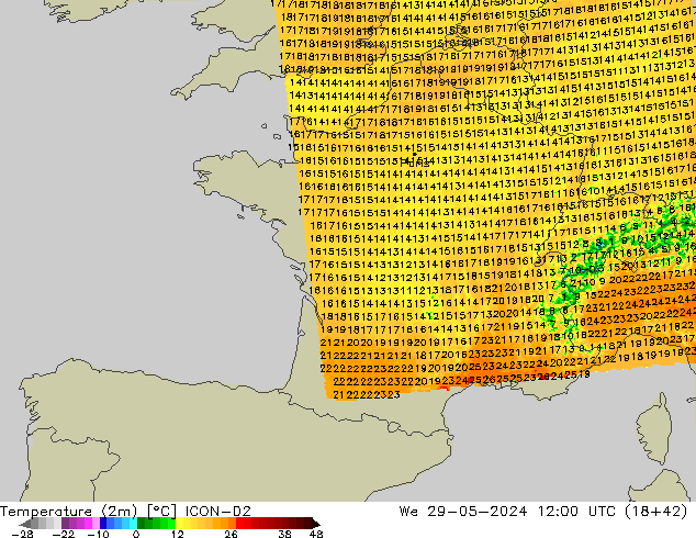 Sıcaklık Haritası (2m) ICON-D2 Çar 29.05.2024 12 UTC