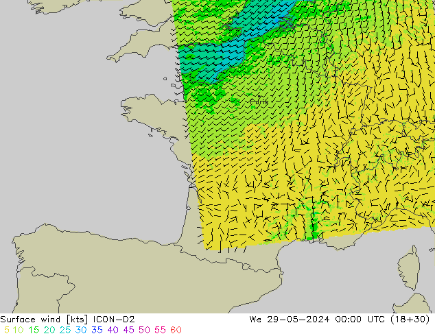 Wind 10 m ICON-D2 wo 29.05.2024 00 UTC