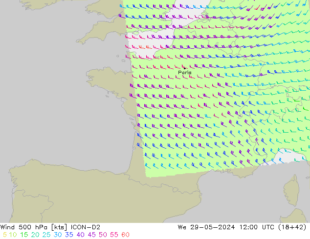 Wind 500 hPa ICON-D2 Mi 29.05.2024 12 UTC