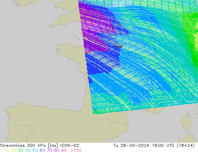 Streamlines 300 hPa ICON-D2 Tu 28.05.2024 18 UTC