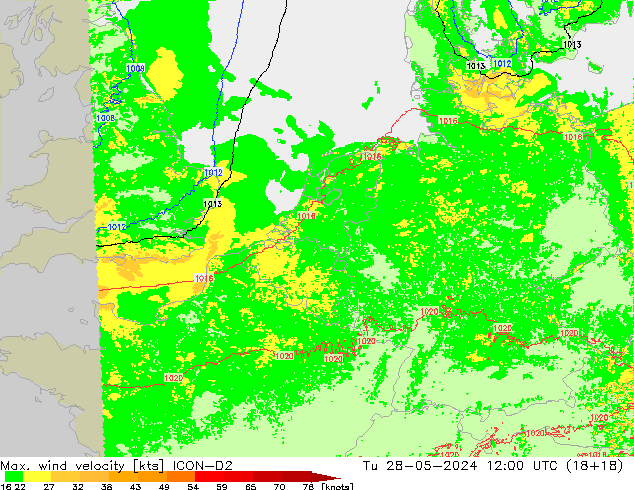 Max. wind velocity ICON-D2 Tu 28.05.2024 12 UTC